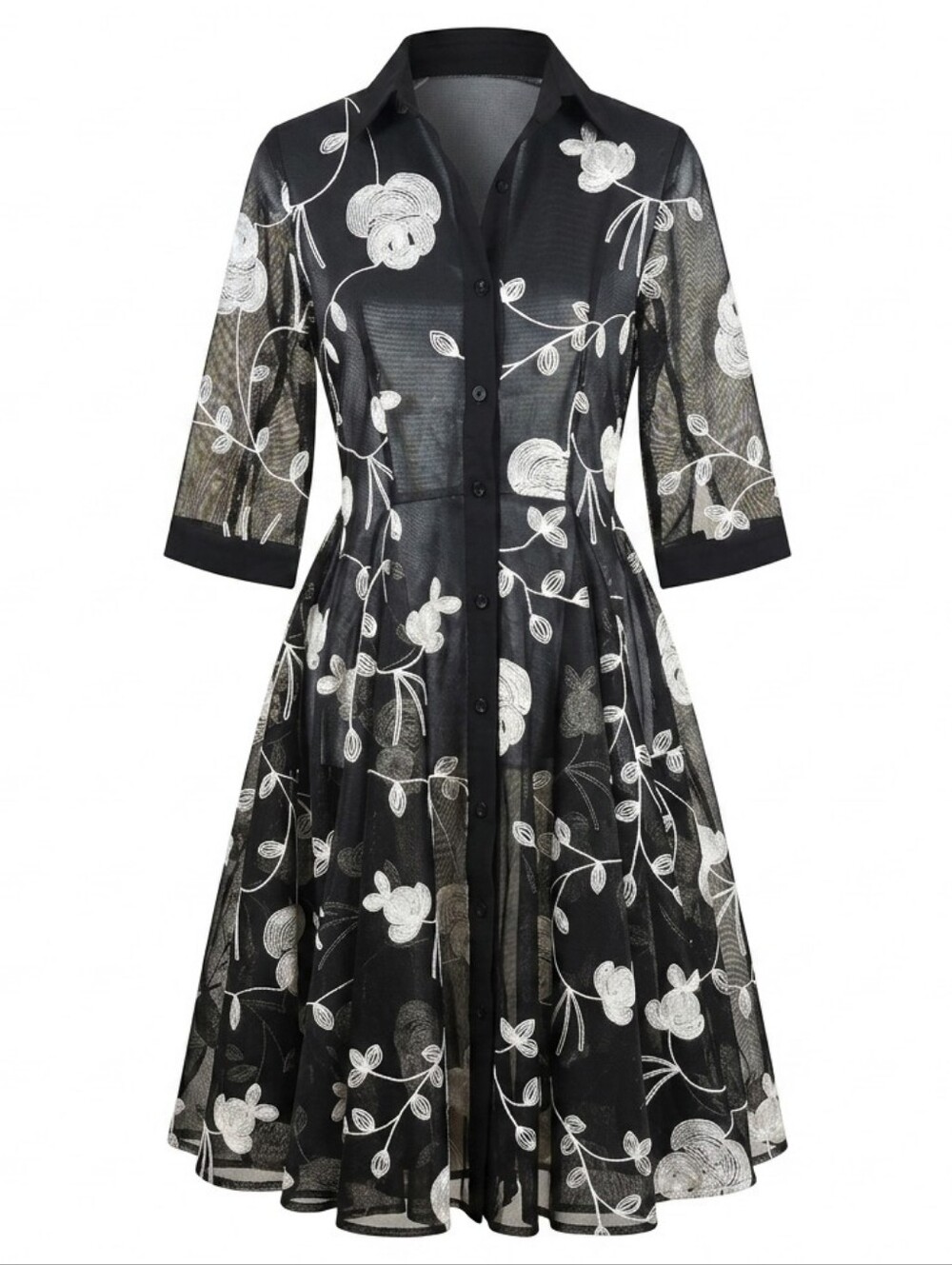 Gracia Black Mesh White Floral Embroidered Sheer Dress Sz.Small Whimsigoth Retro